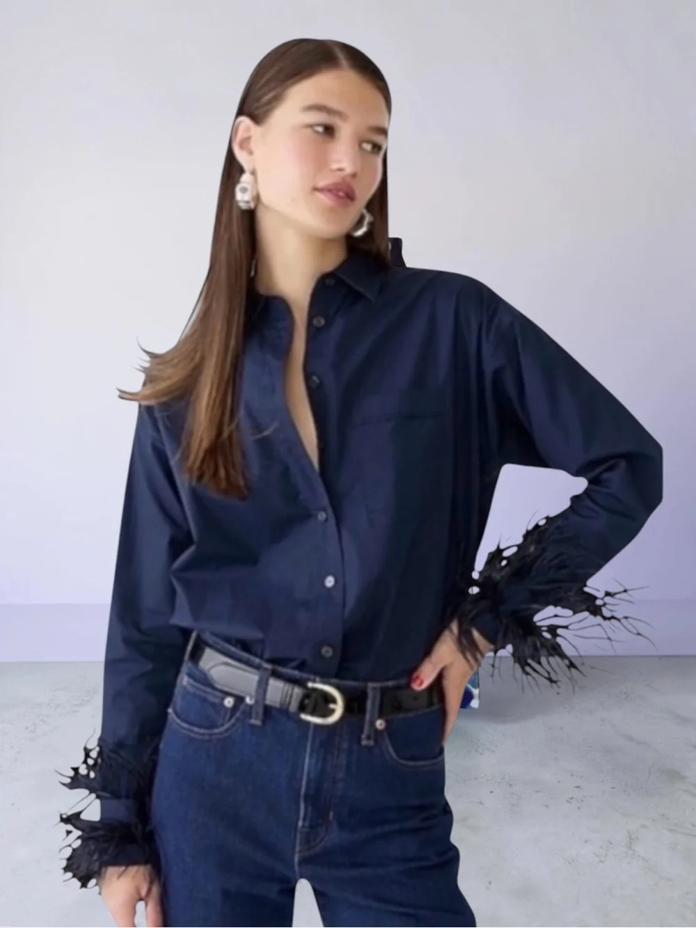 J. CREW COLLECTION Feather-Trim Cotton Poplin Button-Up Shirt Size 8